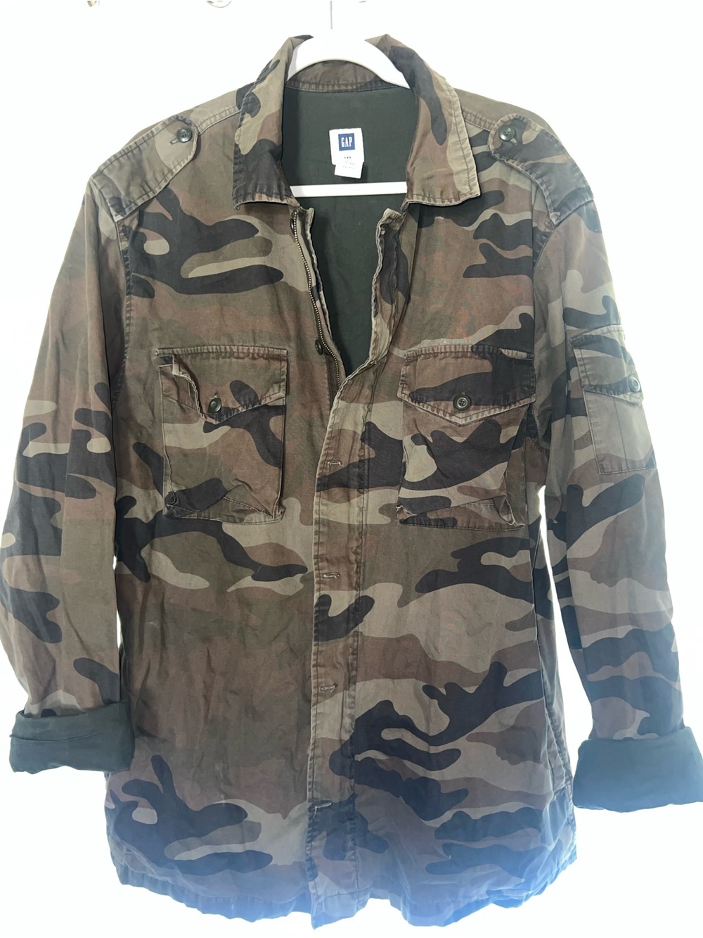 GAP Camo Military Utility Field Jacket XL Olive Green Tan Black Cargo Pockets